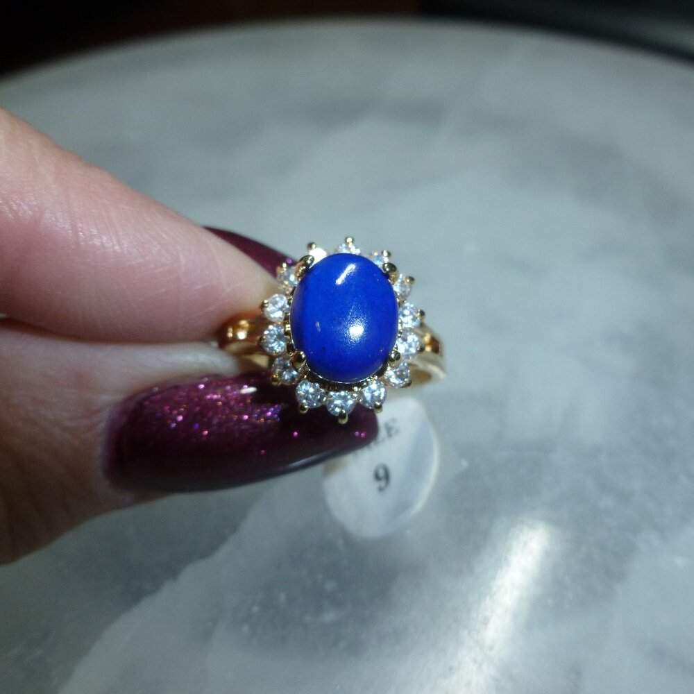 Lapis Lazuli Cubic Zirconia Yellow Gold EP Ring Size 9 Dolphin Ore